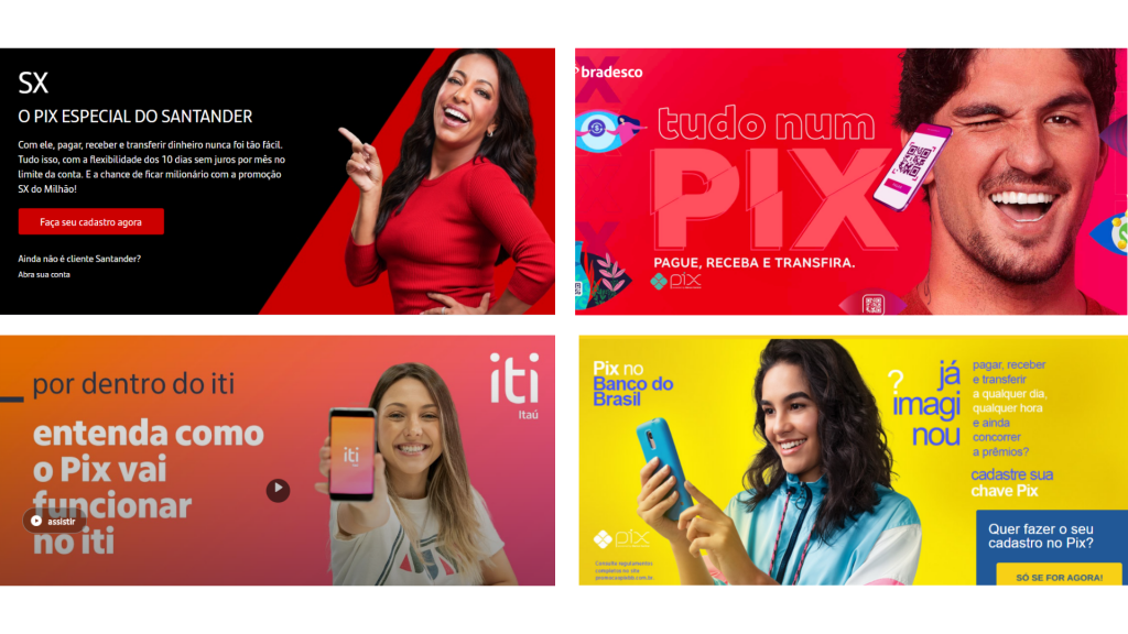 Propagandas de bancos tradicionais anunciando o PIX