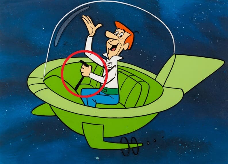 "Imagem de George Jetson em nave, representando os elementos analógicos na transformação digital."